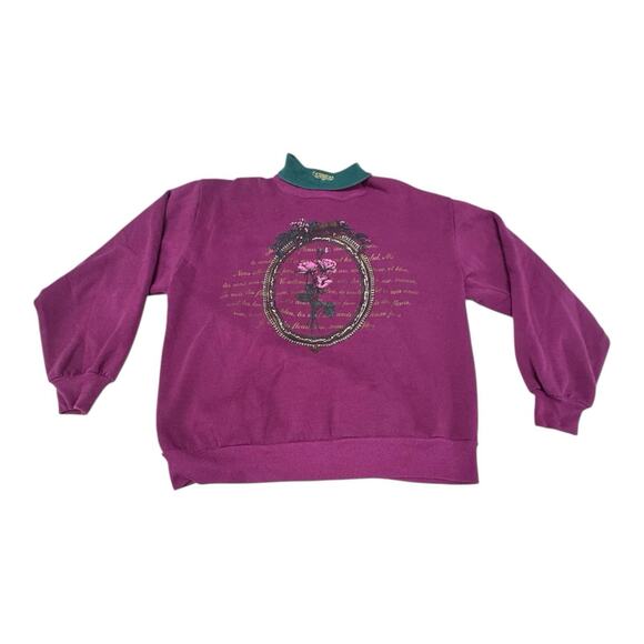 Vintage Gopher Sport Large Purple Floral French Scripts Turtleneck Sweatshirt - Picture 1 of 10